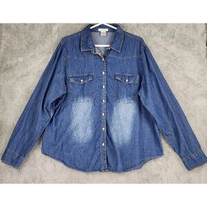 Dizzy Lizzy Shirt Womens 2X Blue Denim Western Pearl Button Up Long Sleeve